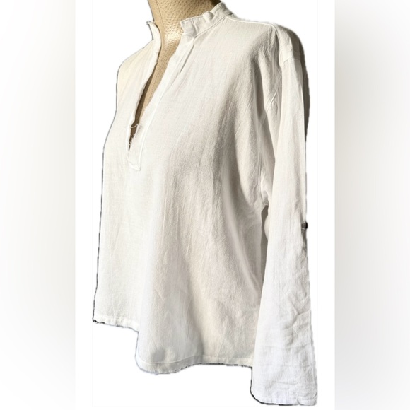 Organic Linen Cotton Blend Boho White Relaxed Fit Shirt | Adjustable Sleeves - Picture 7 of 11
